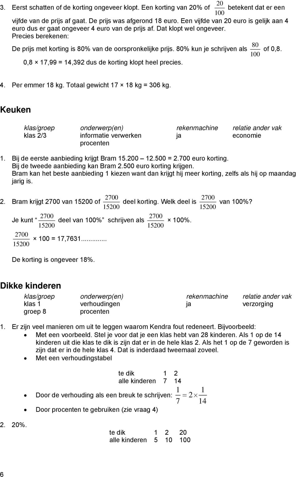 80% kun je schrijven als 80 of 0,8. 100 0,8 17,99 = 14,392 dus de korting klopt heel precies. 4. Per emmer 18 kg. Totaal gewicht 17 18 kg = 306 kg.