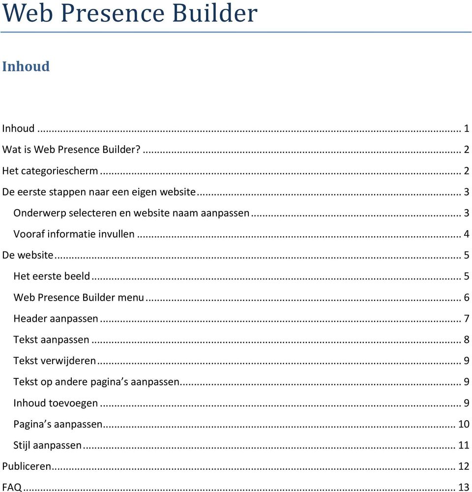 .. 3 Vooraf informatie invullen... 4 De website... 5 Het eerste beeld... 5 Web Presence Builder menu... 6 Header aanpassen.