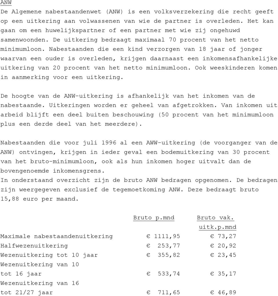 Nabestaanden die een kind verzorgen van 18 jaar of jonger waarvan een ouder is overleden, krijgen daarnaast een inkomensafhankelijke uitkering van 20 procent van het netto minimumloon.