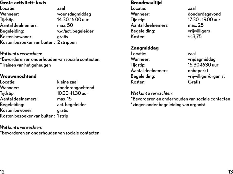 15 act. begeleider Kosten bezoeker van buiten : 1 strip Broodmaaltijd donderdagavond 17.30-19.00 uur Aantal deelnemers: max.