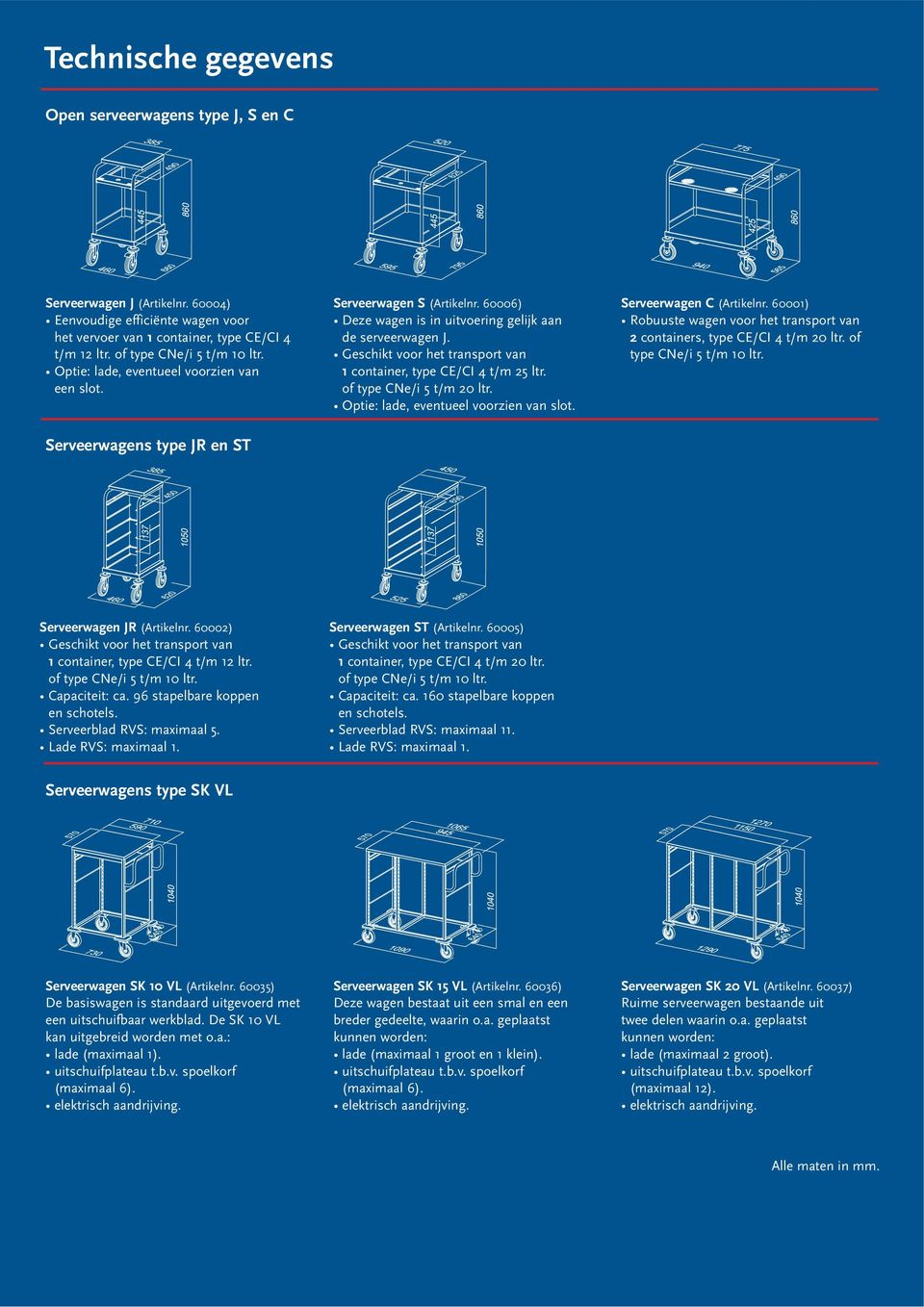 Geschikt voor het transport van 1 container, type CE/CI 4 t/m 25 ltr. of type CNe/i 5 t/m 20 ltr. Optie: lade, eventueel voorzien van slot. Serveerwagen C (Artikelnr.