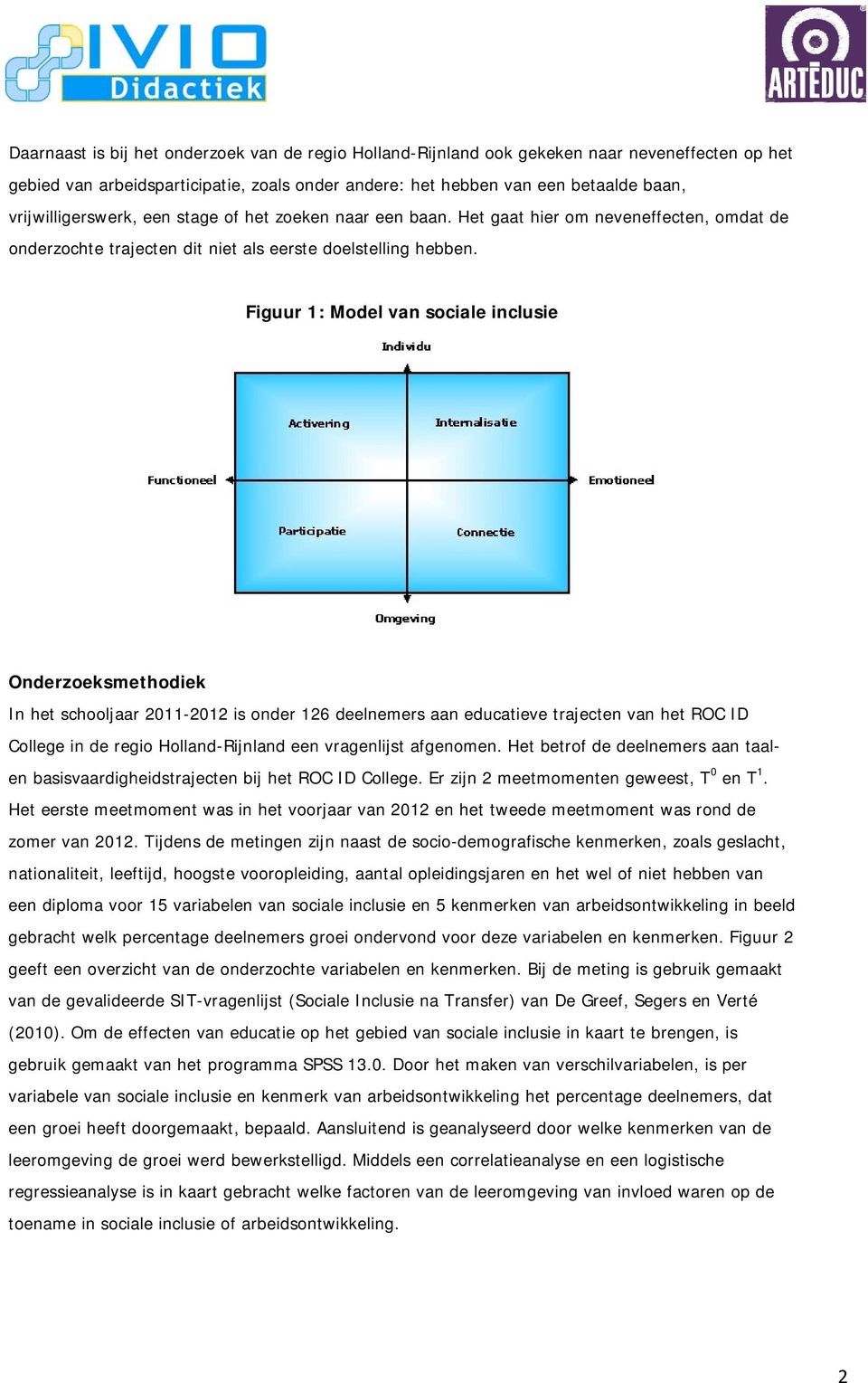 Figuur 1: Model van sociale inclusie Onderzoeksmethodiek In het schooljaar 2011-2012 is onder 126 deelnemers aan educatieve trajecten van het ROC ID College in de regio Holland-Rijnland een