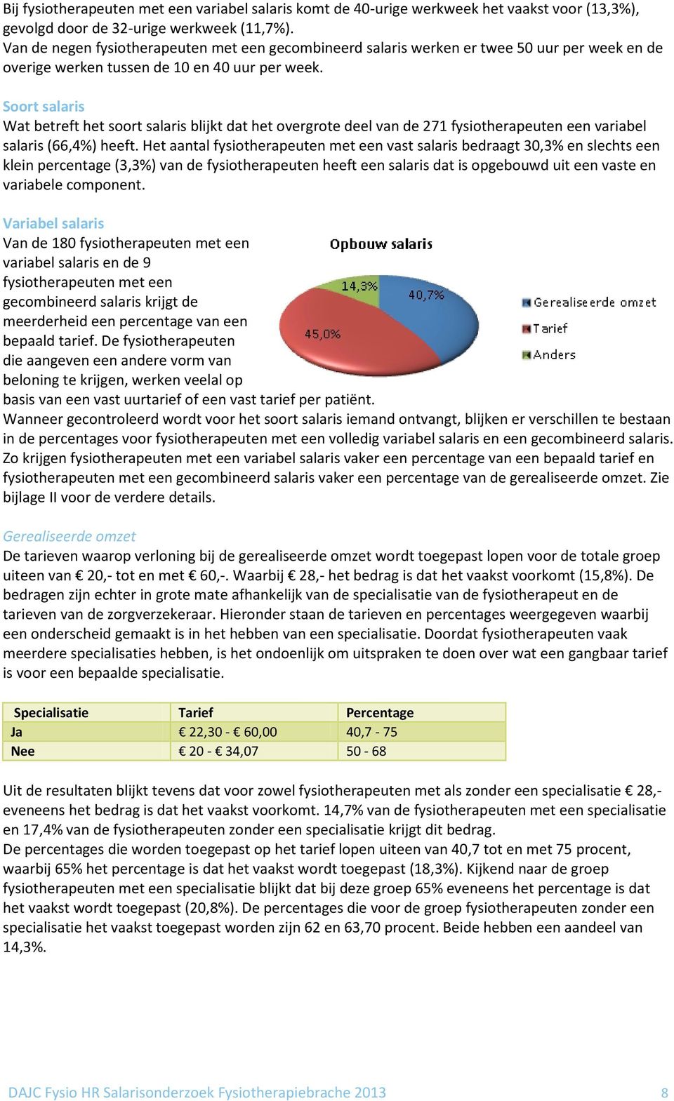 Soort salaris Wat betreft het soort salaris blijkt dat het overgrote deel van de 271 fysiotherapeuten een variabel salaris (66,4%) heeft.