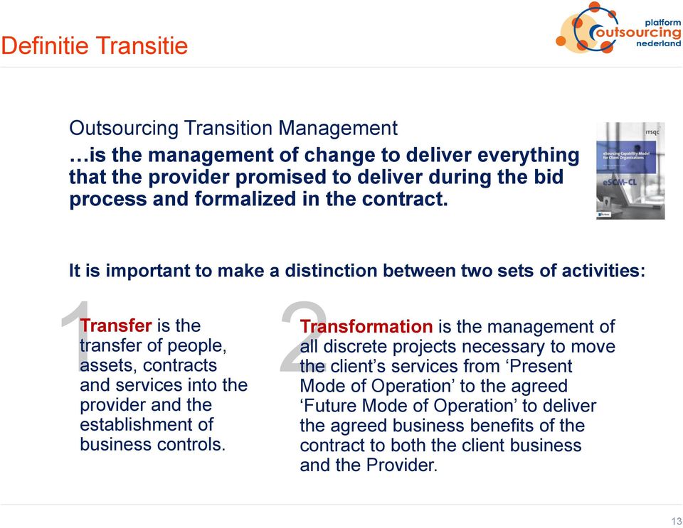 It is important to make a distinction between two sets of activities: MODULE 9 1Transfer is the transfer of people, assets, contracts and services into the provider and