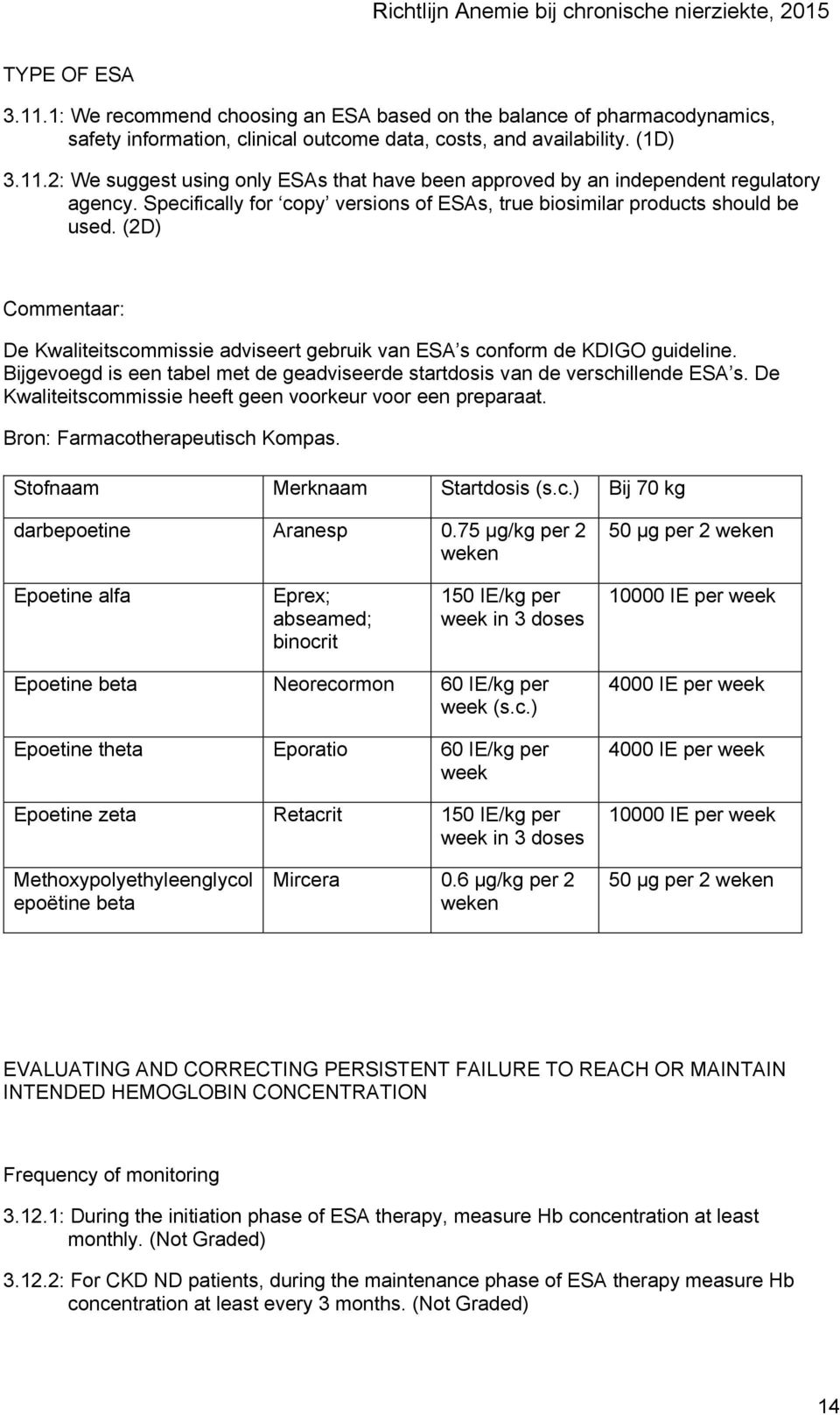Bijgevoegd is een tabel met de geadviseerde startdosis van de verschillende ESA s. De Kwaliteitscommissie heeft geen voorkeur voor een preparaat. Bron: Farmacotherapeutisch Kompas.