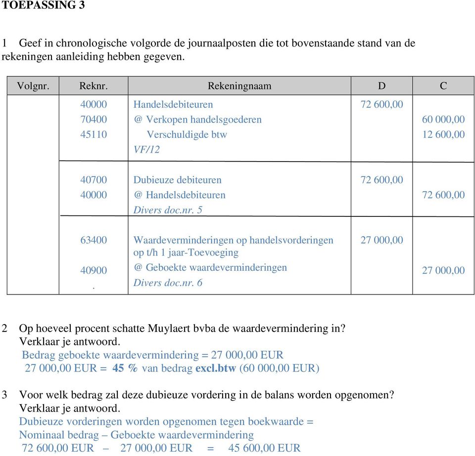 5 72 600,00 72 600,00 63400 40900. Waardeverminderingen op handelsen op t/h 1 jaar-toevoeging @ Geboekte waardeverminderingen Divers doc.nr.