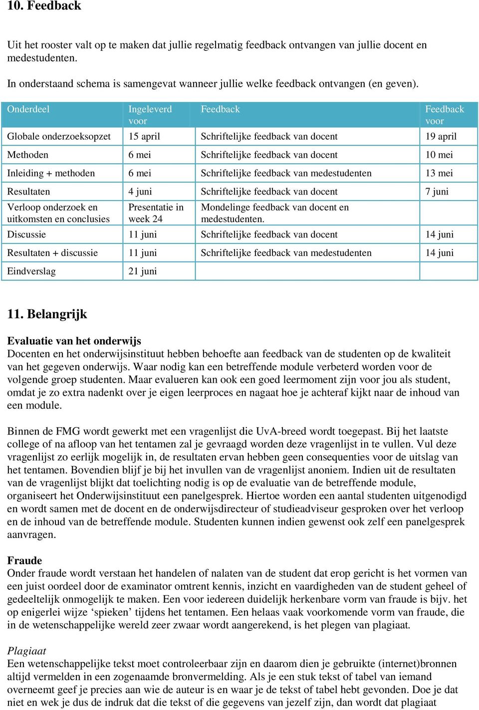 Onderdeel Ingeleverd voor Feedback Feedback voor Globale onderzoeksopzet 15 april Schriftelijke feedback van docent 19 april Methoden 6 mei Schriftelijke feedback van docent 10 mei Inleiding +