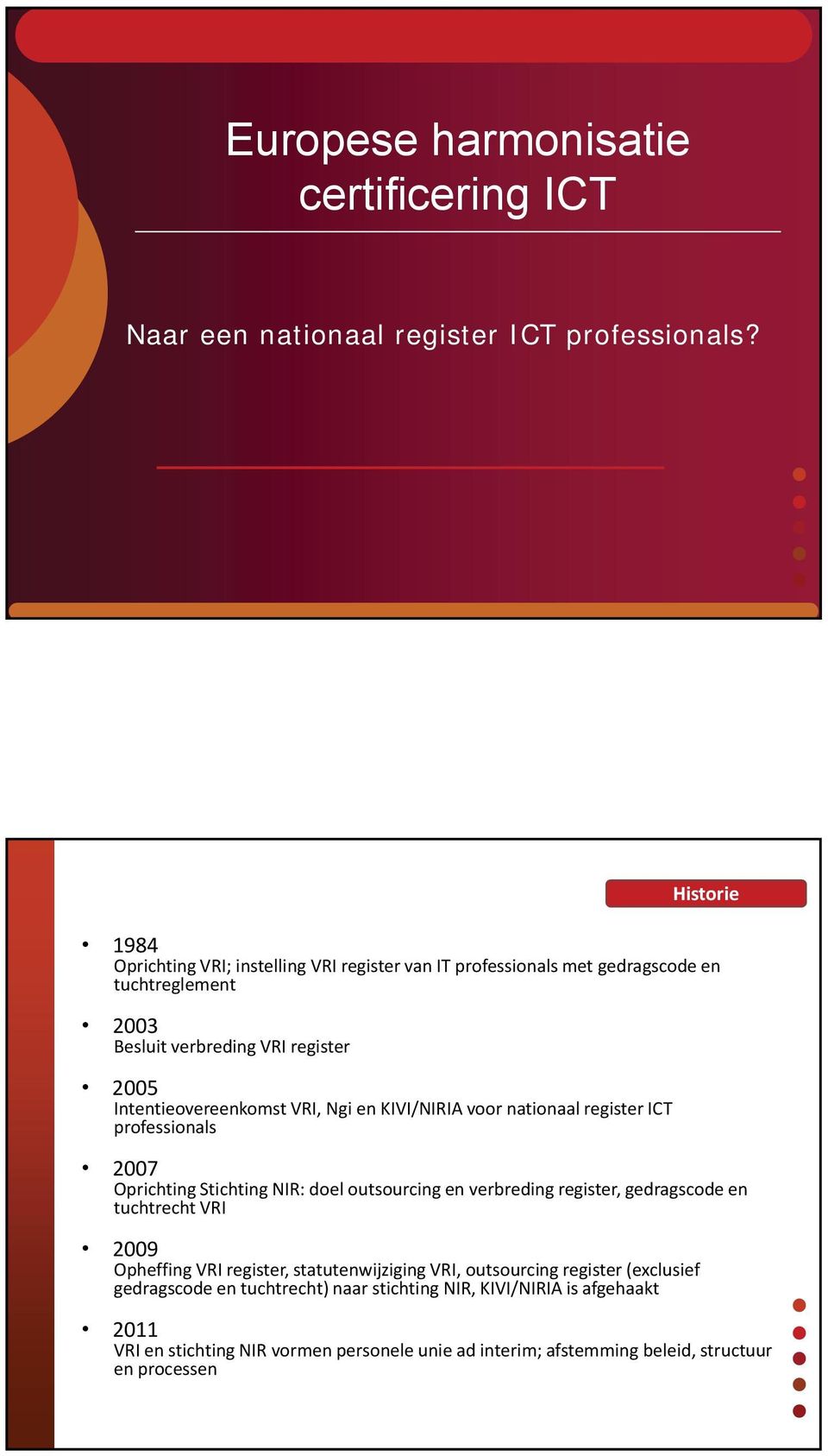 Intentieovereenkomst VRI, Ngi en KIVI/NIRIA voor nationaal register ICT professionals 2007 Oprichting Stichting NIR: doel outsourcing en verbreding register, gedragscode