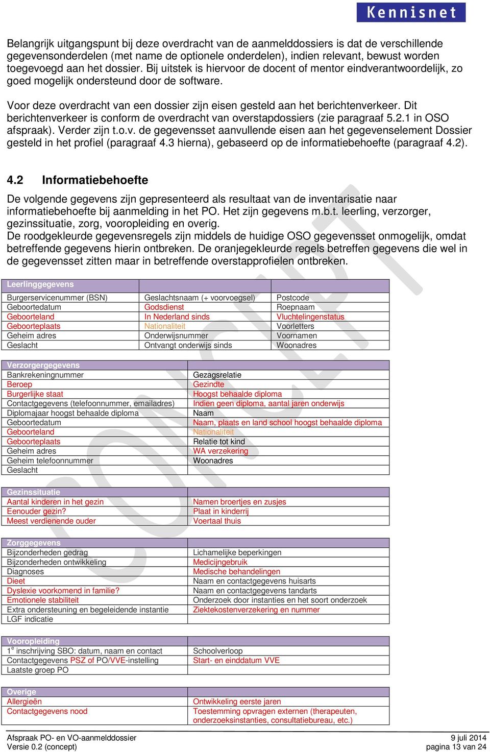 Voor deze overdracht van een dossier zijn eisen gesteld aan het berichtenverkeer. Dit berichtenverkeer is conform de overdracht van overstapdossiers (zie paragraaf 5.2.1 in OSO afspraak).