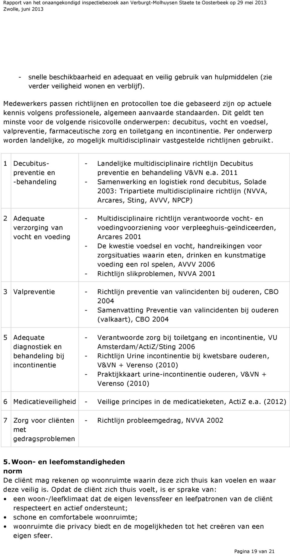 Dit geldt ten minste voor de volgende risicovolle onderwerpen: decubitus, vocht en voedsel, valpreventie, farmaceutische zorg en toiletgang en incontinentie.