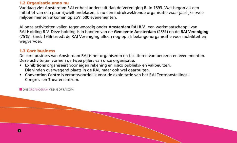 Al onze activiteiten vallen tegenwoordig onder Amsterdam RAI B.V., een werkmaatschappij van RAI Holding B.V. Deze holding is in handen van de Gemeente Amsterdam (25%) en de RAI Vereniging (75%).