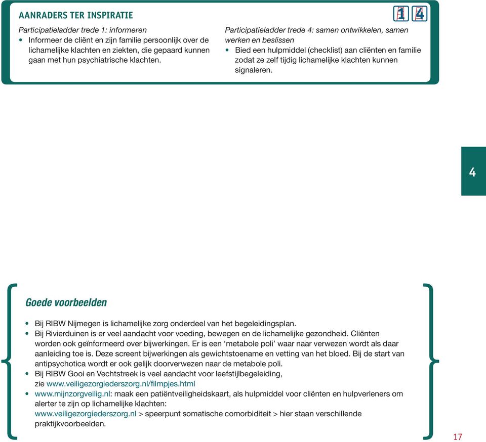 Participatieladder trede 4: samen ontwikkelen, samen werken en beslissen Bied een hulpmiddel (checklist) aan cliënten en familie zodat ze zelf tijdig lichamelijke klachten kunnen signaleren.