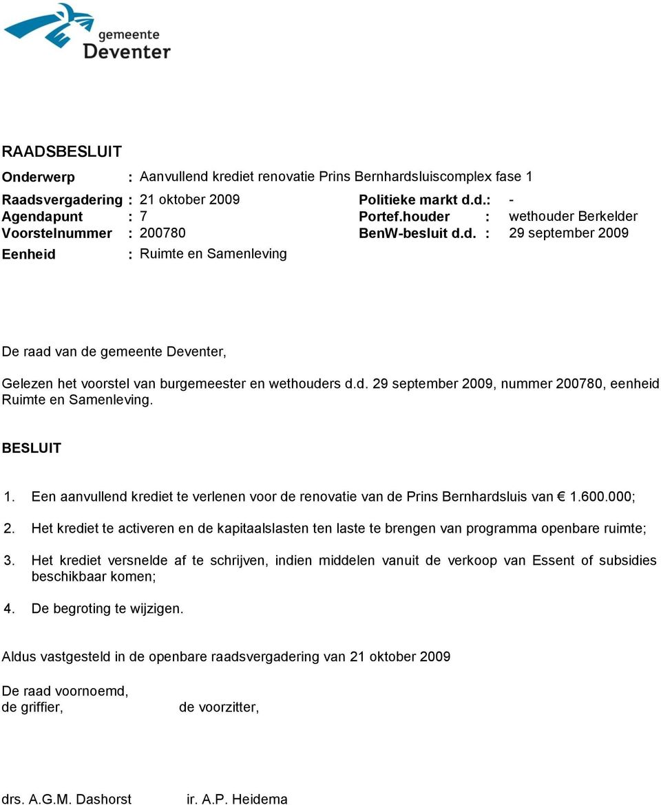 d. 29 september 2009, nummer 200780, eenheid Ruimte en Samenleving. BESLUIT 1. Een aanvullend krediet te verlenen voor de renovatie van de Prins Bernhardsluis van 1.600.000; 2.