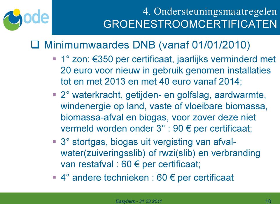 windenergie op land, vaste of vloeibare biomassa, biomassa-afval en biogas, voor zover deze niet vermeld worden onder 3 : 90 per certificaat; 3