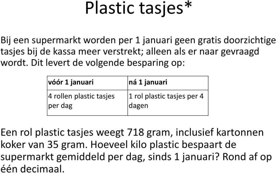 Dit levert de volgende besparing op: vóór 1 januari 4 rollen plastic tasjes per dag ná 1 januari 1 rol plastic