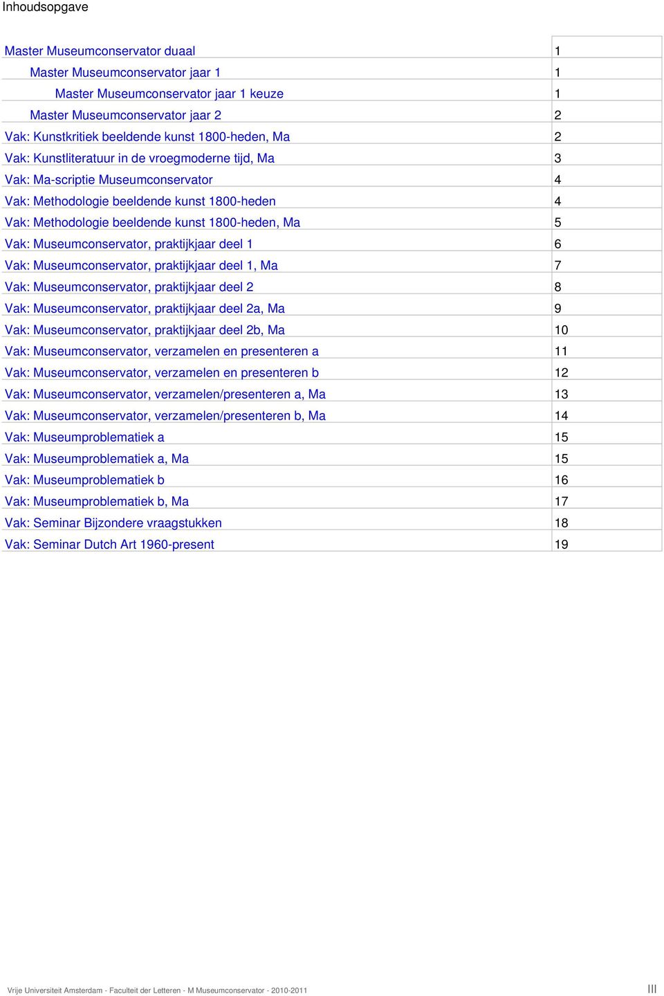 Ma 5 Vak: Museumconservator, praktijkjaar deel 1 6 Vak: Museumconservator, praktijkjaar deel 1, Ma 7 Vak: Museumconservator, praktijkjaar deel 2 8 Vak: Museumconservator, praktijkjaar deel 2a, Ma 9