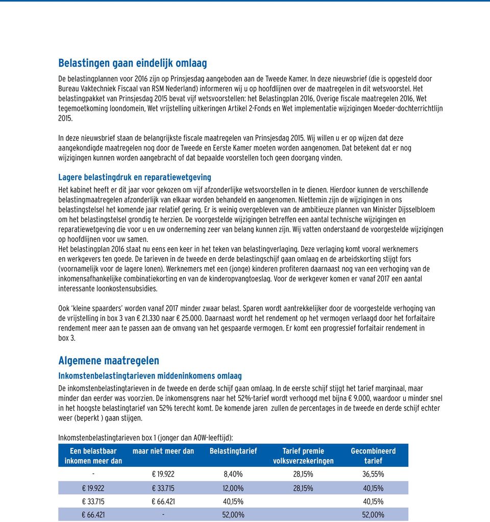 Het belastingpakket van Prinsjesdag 2015 bevat vijf wetsvoorstellen: het Belastingplan 2016, Overige fiscale maatregelen 2016, Wet tegemoetkoming loondomein, Wet vrijstelling uitkeringen Artikel