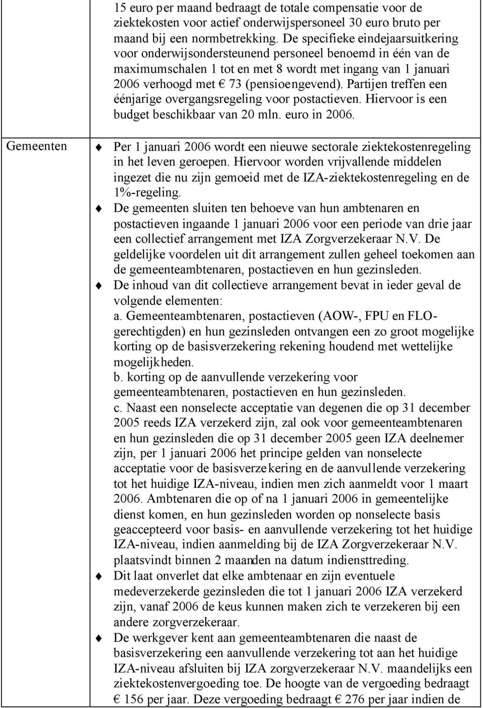 Partijen treffen een éénjarige overgangsregeling voor postactieven. Hiervoor is een budget beschikbaar van 20 mln. euro in 2006.