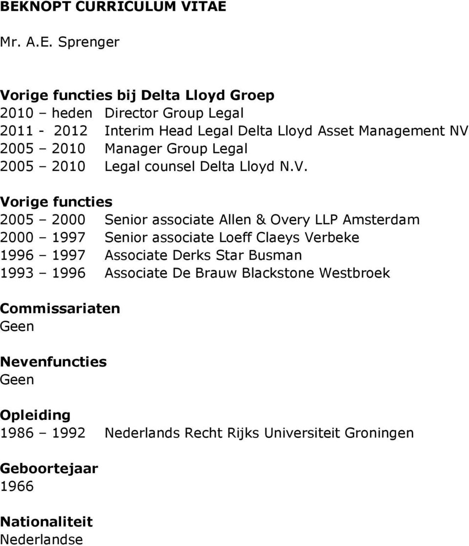 2005 2010 Manager Group Legal 2005 2010 Legal counsel Delta Lloyd N.V.