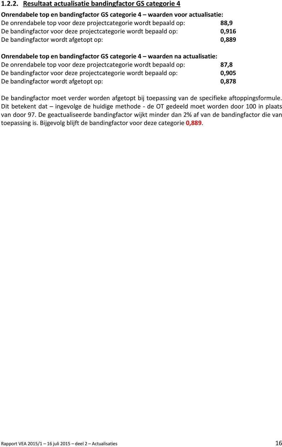 onrendabele top voor deze projectcategorie wordt bepaald op: 87,8 De bandingfactor voor deze projectcategorie wordt bepaald op: 0,905 De bandingfactor wordt afgetopt op: 0,878 De bandingfactor moet