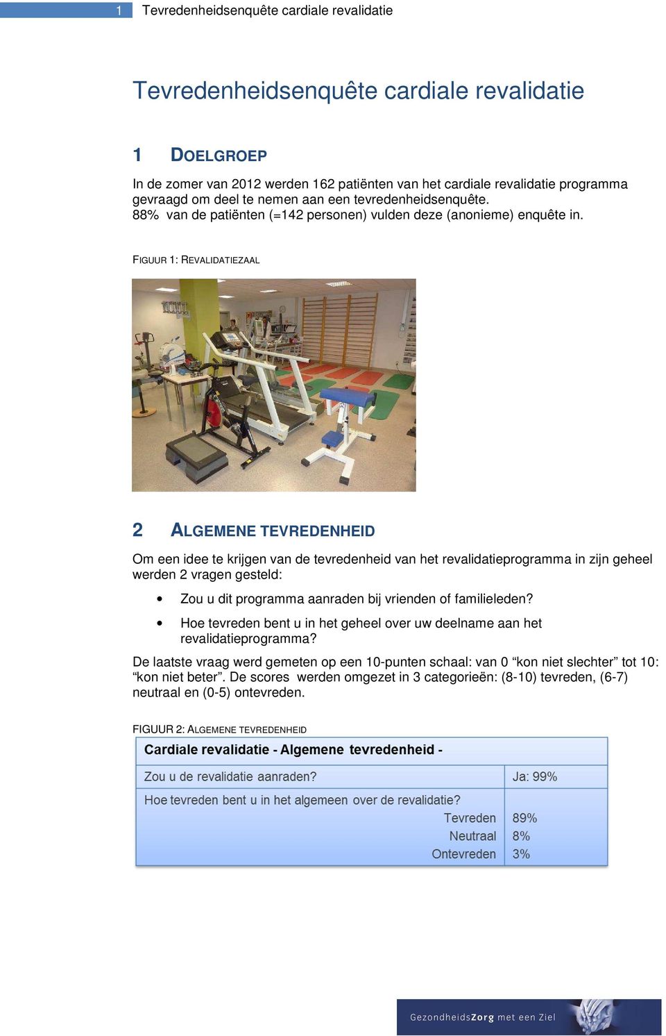 FIGUUR 1: REVALIDATIEZAAL 2 ALGEMENE TEVREDENHEID Om een idee te krijgen van de tevredenheid van het revalidatieprogramma in zijn geheel werden 2 vragen gesteld: Zou u dit programma aanraden bij