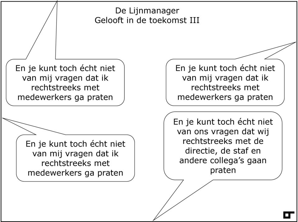 praten En je kunt toch écht niet van mij vragen dat ik rechtstreeks met medewerkers ga praten En je