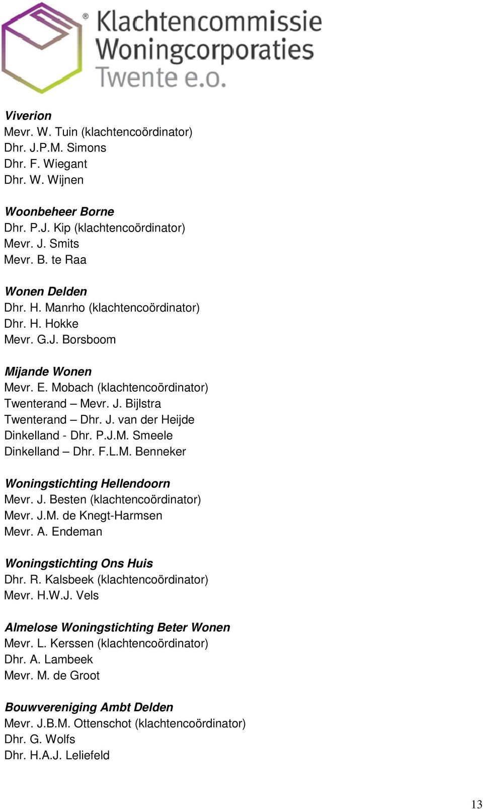 F.L.M. Benneker Woningstichting Hellendoorn Mevr. J. Besten (klachtencoördinator) Mevr. J.M. de Knegt-Harmsen Mevr. A. Endeman Woningstichting Ons Huis Dhr. R. Kalsbeek (klachtencoördinator) Mevr. H.W.J. Vels Almelose Woningstichting Beter Wonen Mevr.