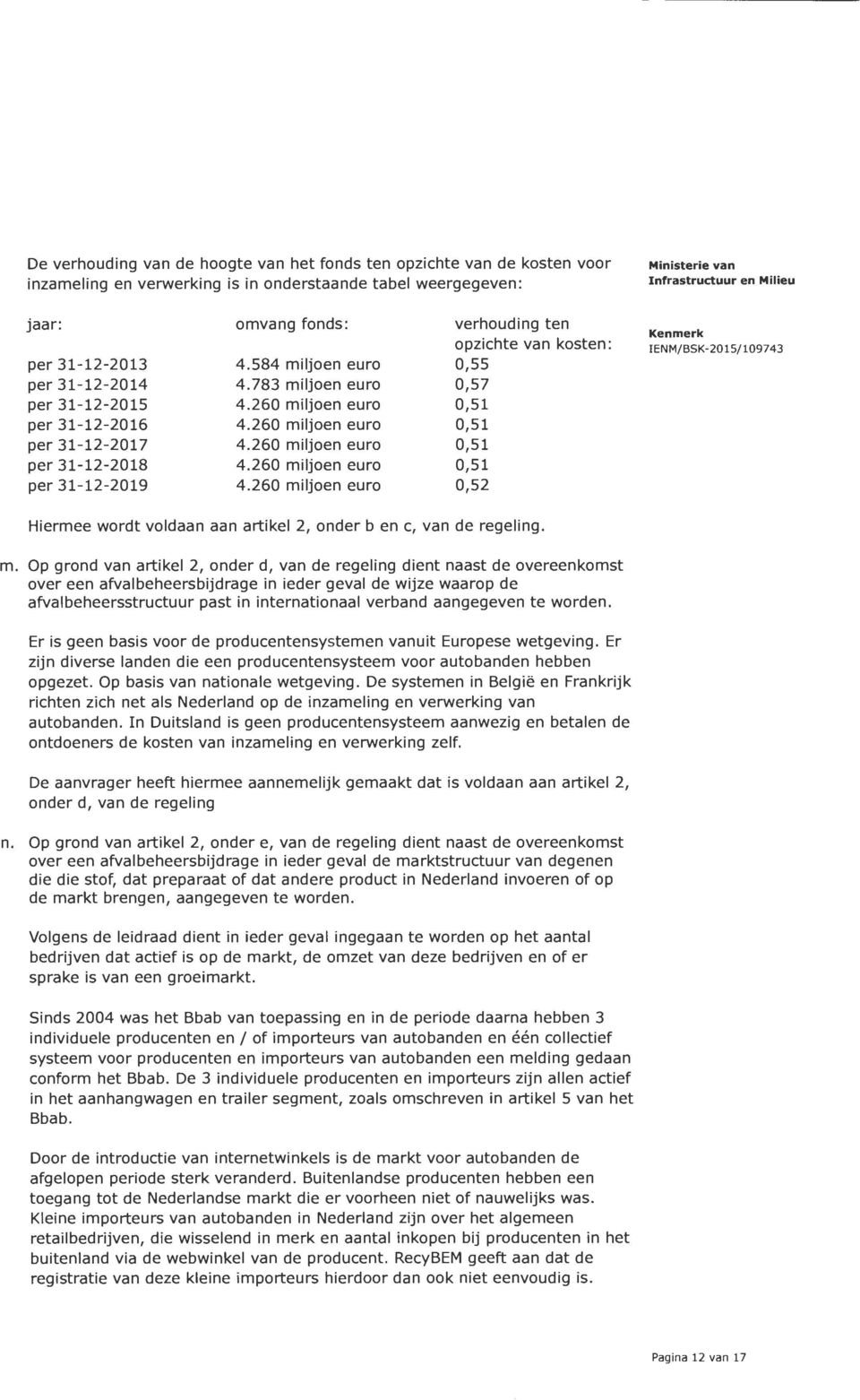 260 miljoen euro 4.260 miljoen euro 4.260 miljoen euro 4.260 miljoen euro verhouding ten opzichte van kosten: 0,55 0,57 0,51 0,51 0,51 0,51 0,52 IENM/BSK-2015/1097 43 Hiermee wordt voldaan aan artikel 2, onderben c, van de regeling.