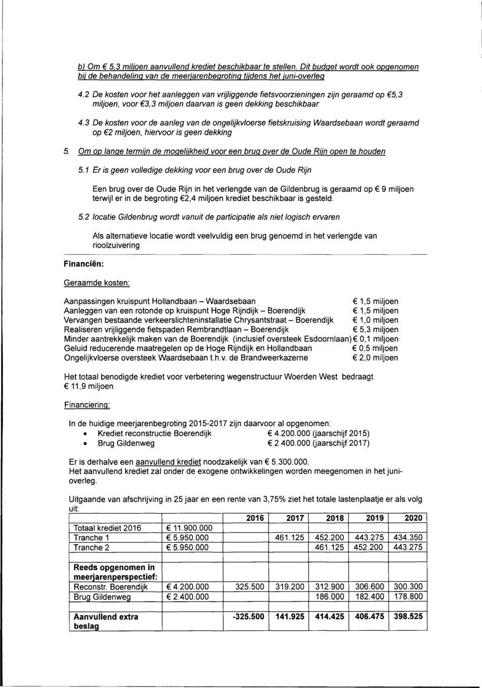 3 De kosten voorde aanleg van de ongelijkvloerse fietskruising Waardsebaan wordt geraamd op 62 miljoen, hiervoor is geen dekking 5.
