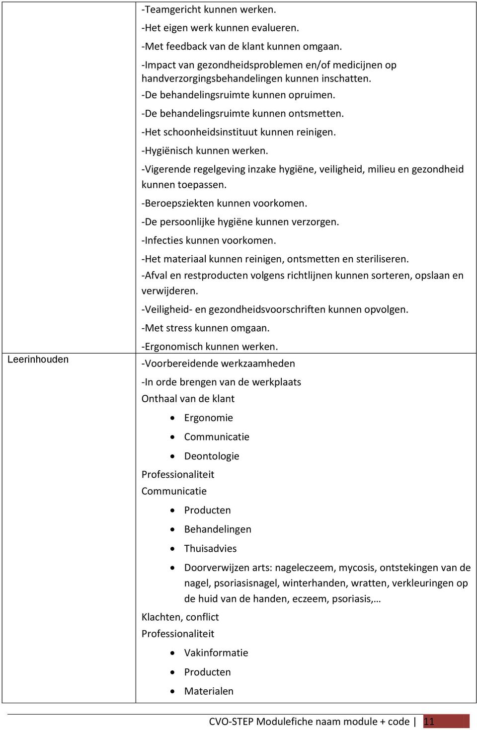 -Het schoonheidsinstituut kunnen reinigen. -Hygiënisch kunnen werken. -Vigerende regelgeving inzake hygiëne, veiligheid, milieu en gezondheid kunnen toepassen. -Beroepsziekten kunnen voorkomen.