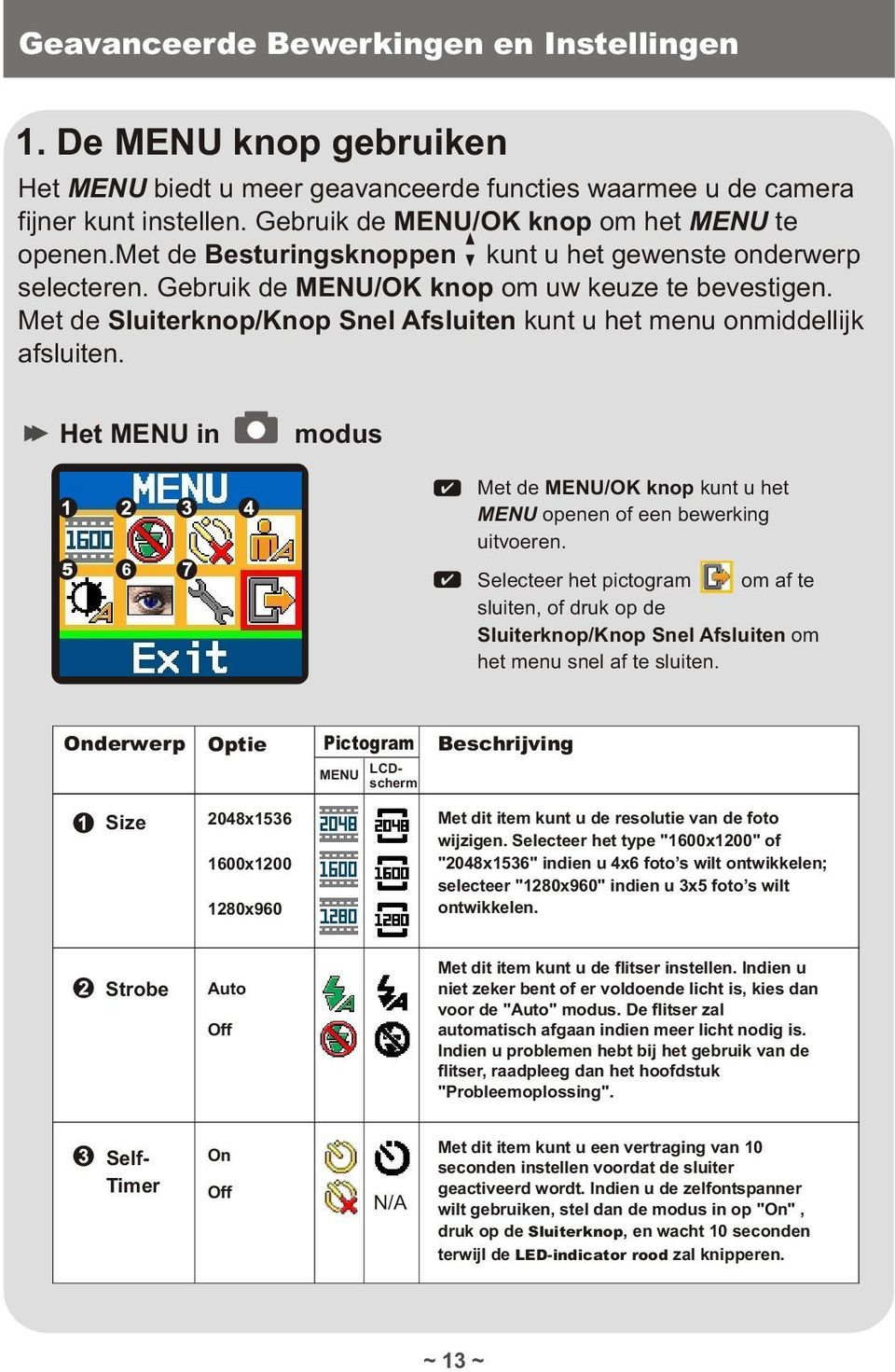 Het MENU in modus Met de MENU/OK knop kunt u het MENU openen of een bewerking uitvoeren.