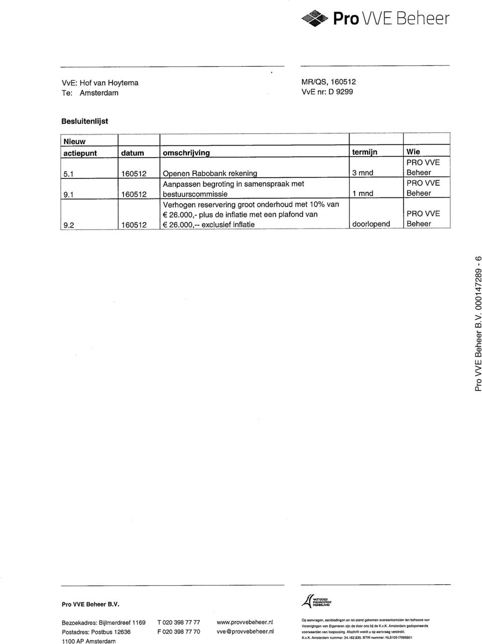::.~~9..19.~.i~f..i.r.:1.f.I.~!i.~... termiin 1 mnd doorlopend Wie PROVVE Beheer PRO VVE Beheer PRO VVE Beheer 000147289-6 Bezoekadres: Bijlmerdreef 1169 Postadres: Postbus 12636 1100