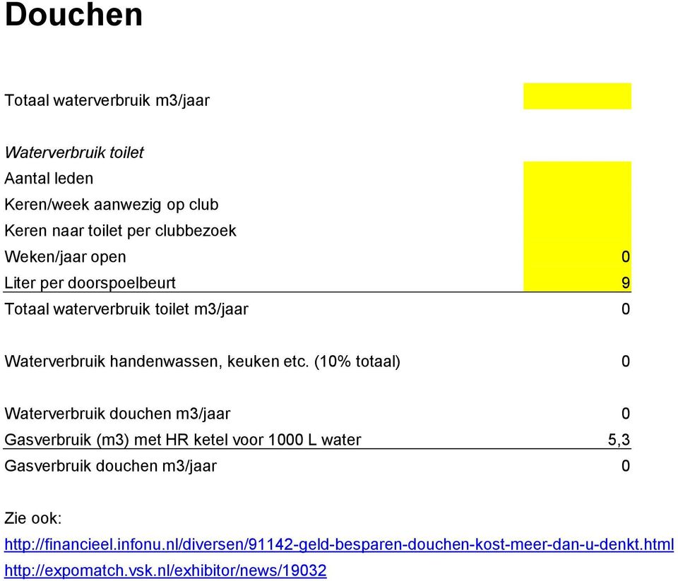 (10% totaal) 0 Waterverbruik douchen m3/jaar 0 Gasverbruik (m3) met HR ketel voor 1000 L water 5,3 Gasverbruik douchen m3/jaar 0 Zie