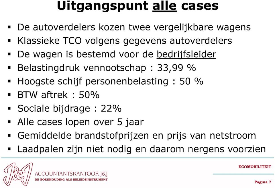 schijf personenbelasting : 50 % BTW aftrek : 50% Sociale bijdrage : 22% Alle cases lopen over 5 jaar