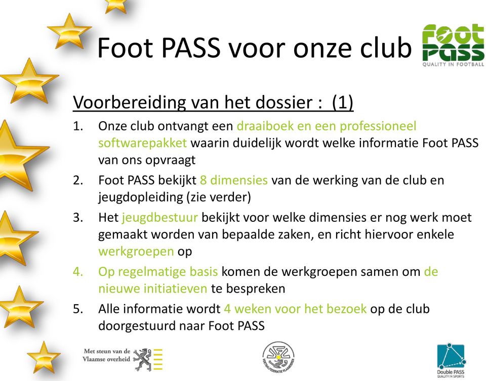 Foot PASS bekijkt 8 dimensies van de werking van de club en jeugdopleiding (zie verder) 3.