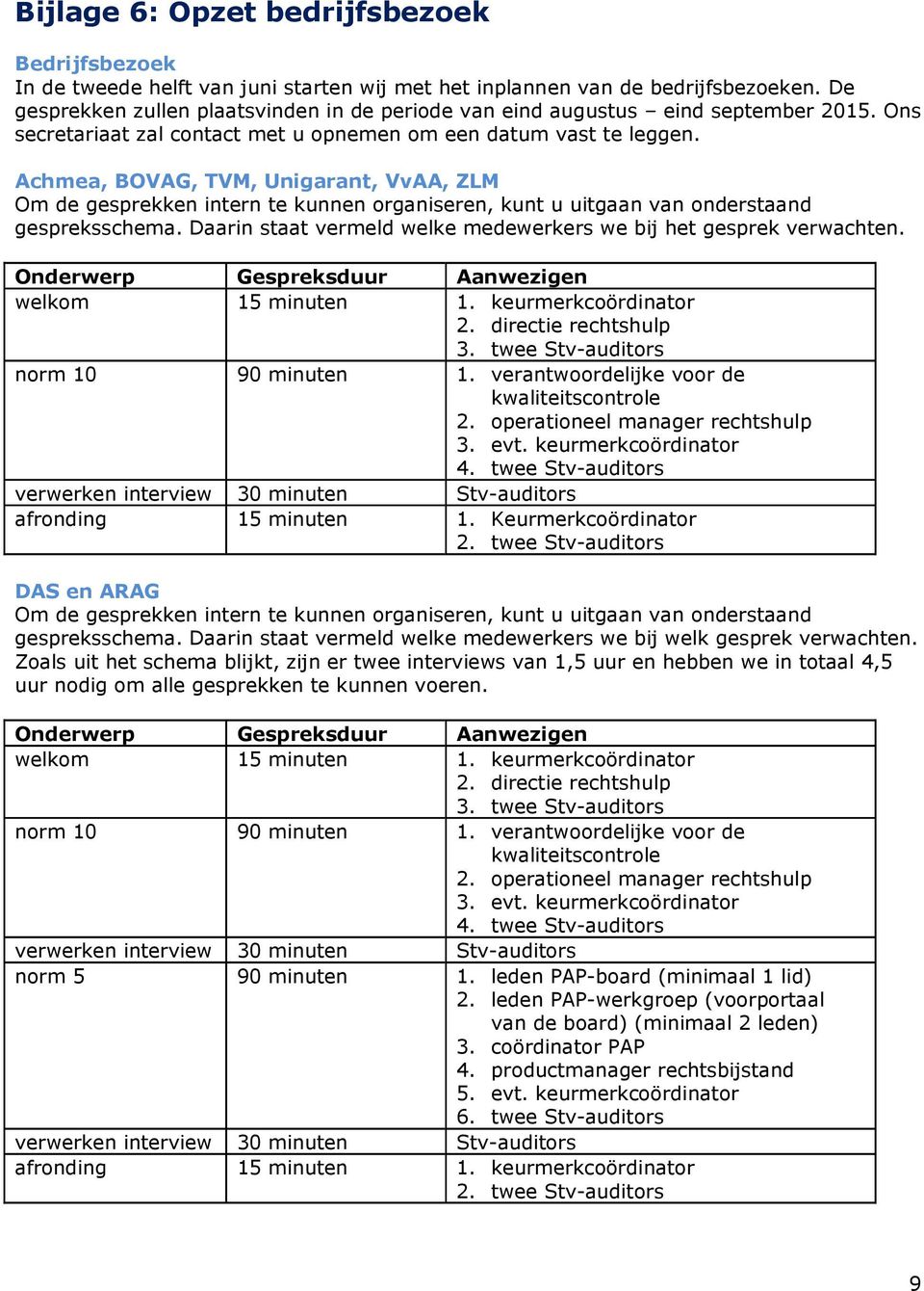 Achmea, BOVAG, TVM, Unigarant, VvAA, ZLM Om de gesprekken intern te kunnen organiseren, kunt u uitgaan van onderstaand gespreksschema.