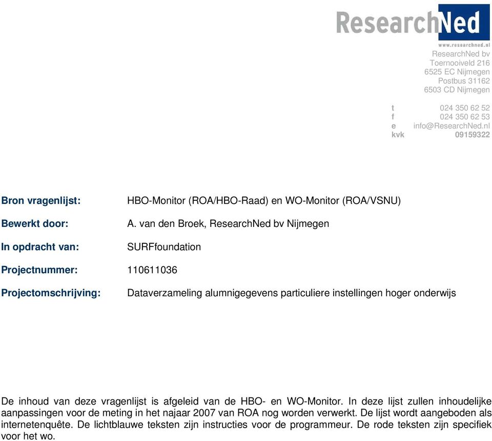 vn den Broek, ReserchNed v Nijmegen SURFfoundtion Projectnummer: 110611036 Projectomschrijving: Dtverzmeling lumnigegevens prticuliere instellingen hoger onderwijs De inhoud vn