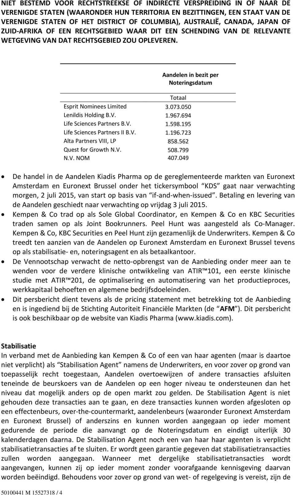 049 De handel in de Aandelen Kiadis Pharma op de gereglementeerde markten van Euronext Amsterdam en Euronext Brussel onder het tickersymbool KDS gaat naar verwachting morgen, 2 juli 2015, van start