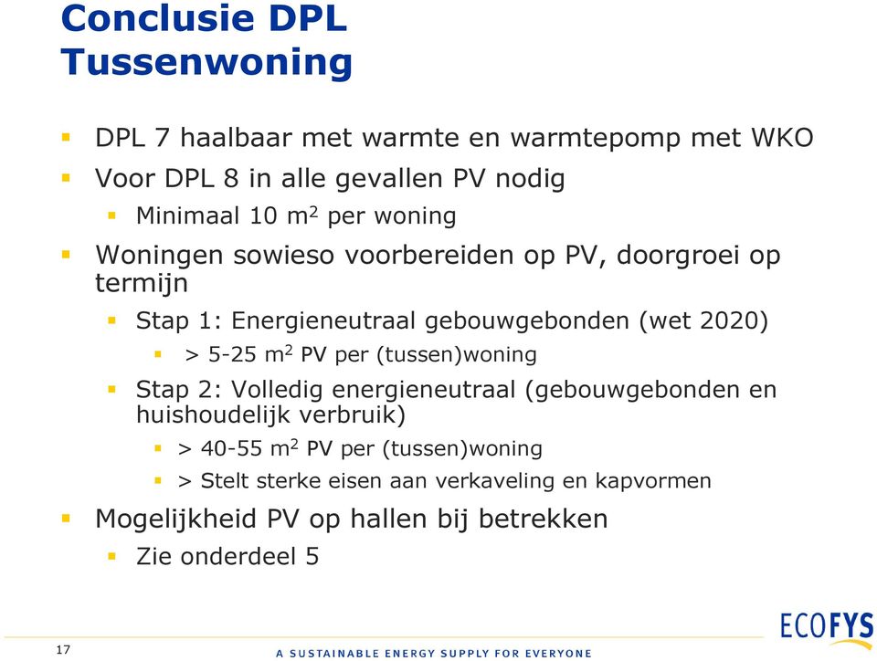 5-25 m 2 PV per (tussen)woning Stap 2: Volledig energieneutraal (gebouwgebonden en huishoudelijk verbruik) > 40-55 m 2 PV