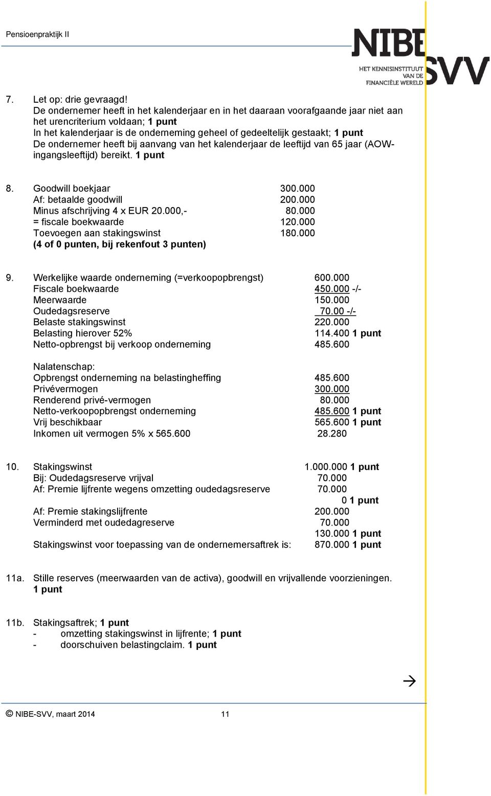 ondernemer heeft bij aanvang van het kalenderjaar de leeftijd van 65 jaar (AOWingangsleeftijd) bereikt. 1 punt 8. Goodwill boekjaar 300.000 Af: betaalde goodwill 200.000 Minus afschrijving 4 x EUR 20.