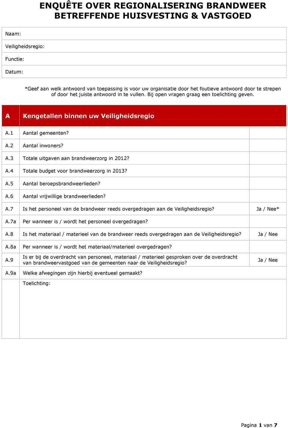 A.4 Totale budget voor brandweerzorg in 2013? A.5 Aantal beroepsbrandweerlieden? A.6 Aantal vrijwillige brandweerlieden? A.7 Is het personeel van de brandweer reeds overgedragen aan de Veiligheidsregio?