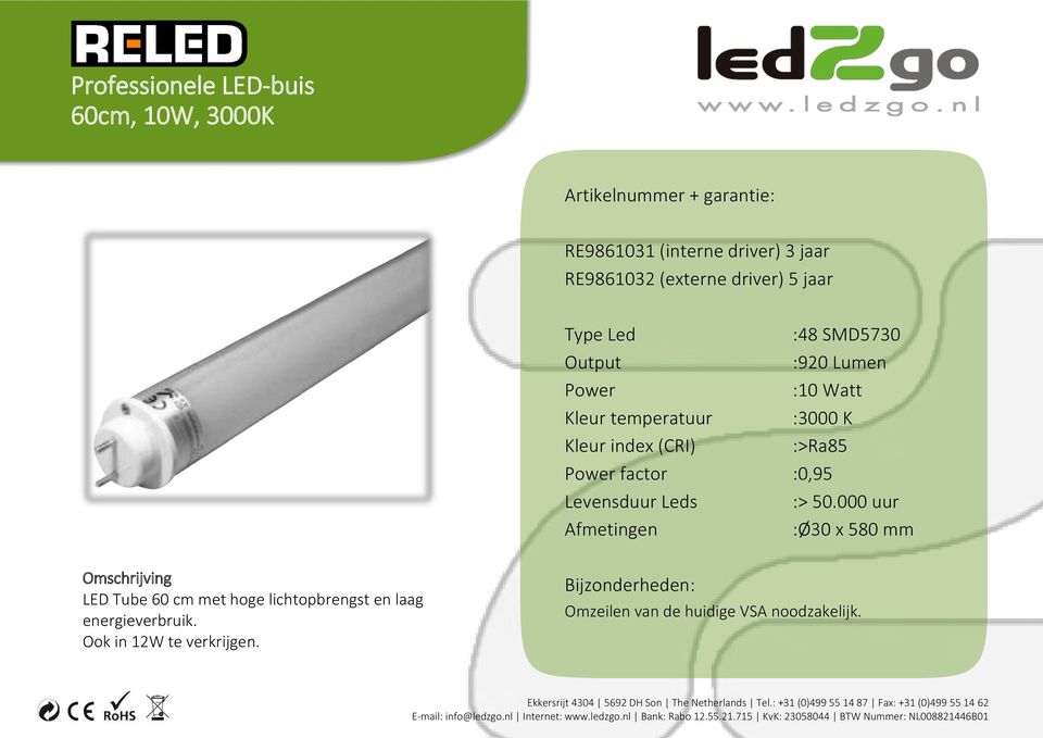 SMD5730 :920 Lumen :10 Watt LED Tube 60 cm met