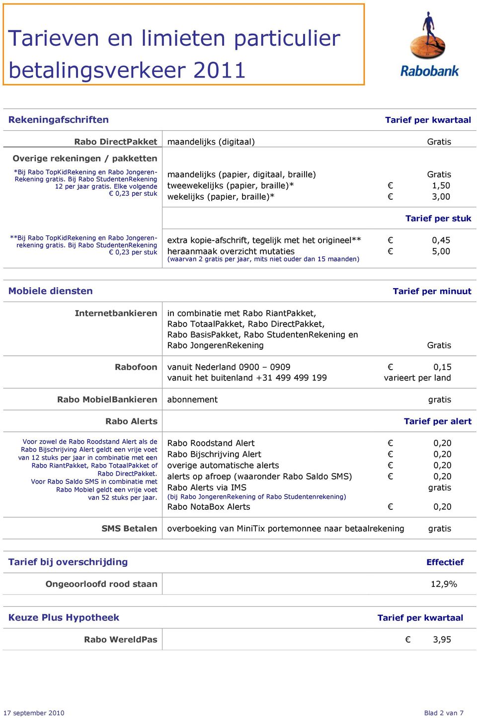 Elke volgende 0,23 per stuk maandelijks (papier, digitaal, braille) tweewekelijks (papier, braille)* 1,50 wekelijks (papier, braille)* 3,00 Tarief per stuk **Bij Rabo TopKidRekening en Rabo