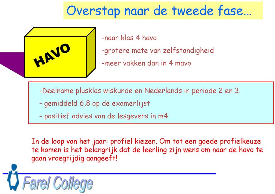 - gemiddeld 6,8 op de examenlijst - positief advies van de lesgevers in m4 In de loop van het jaar: