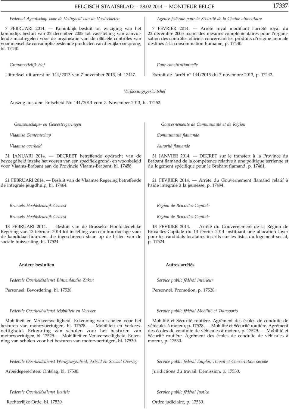 consumptie bestemde producten van dierlijke oorsprong, bl. 17440. Agence fédérale pour la Sécurité de la Chaîne alimentaire 7 FEVRIER 2014.