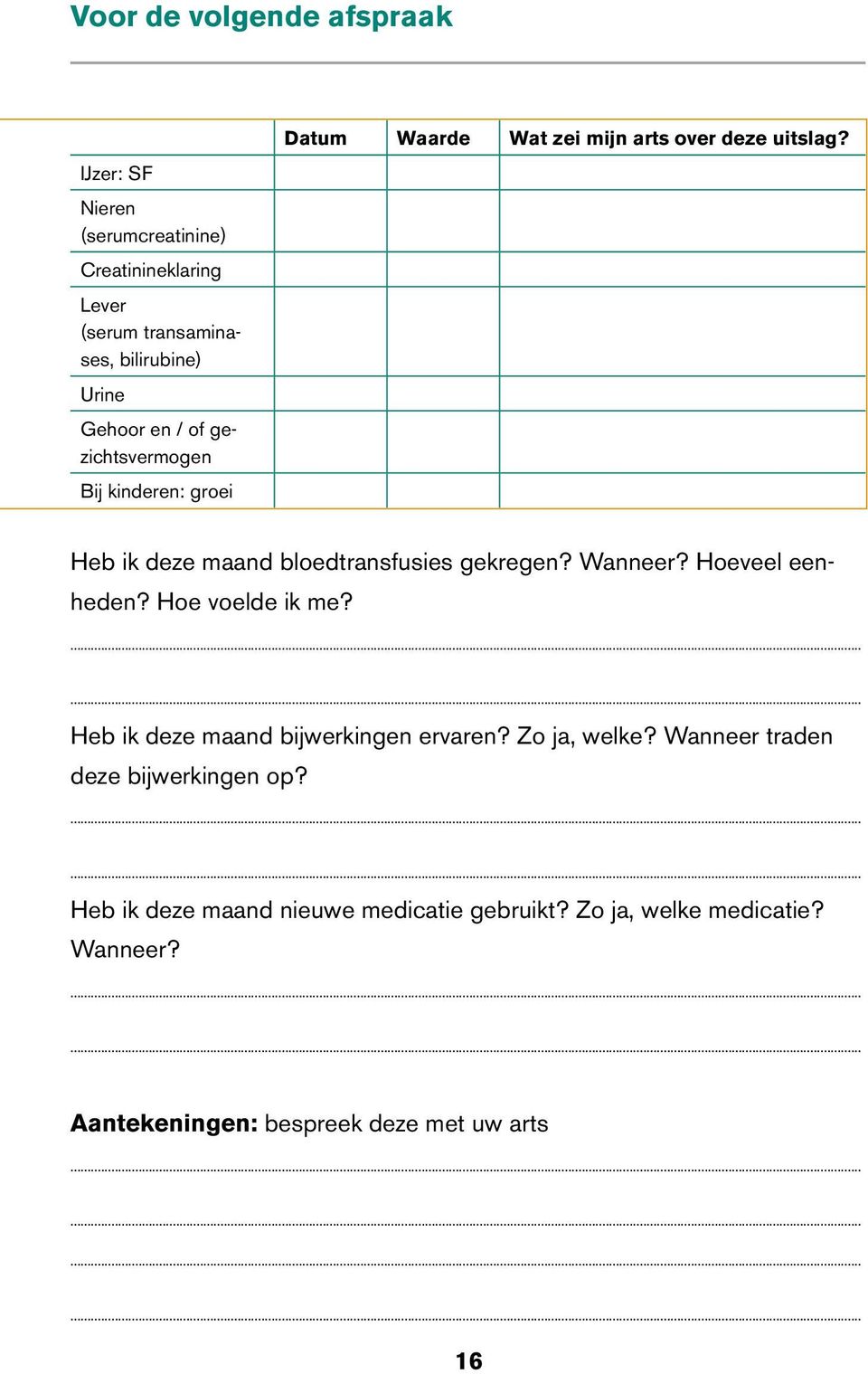 Heb ik deze maand bloedtransfusies gekregen? Wanneer? Hoeveel eenheden? Hoe voelde ik me? Heb ik deze maand bijwerkingen ervaren?