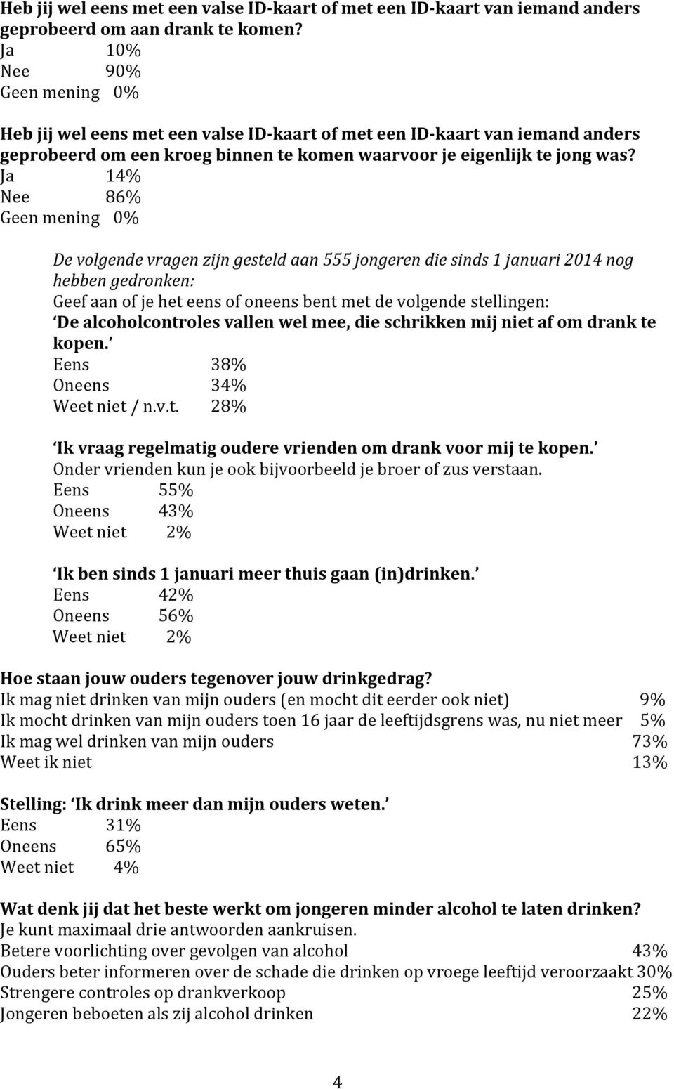 Ja 14% Nee 86% Geen mening De volgende vragen zijn gesteld aan 555 jongeren die sinds 1 januari 2014 nog hebben gedronken: Geef aan of je het eens of oneens bent met de volgende stellingen: De