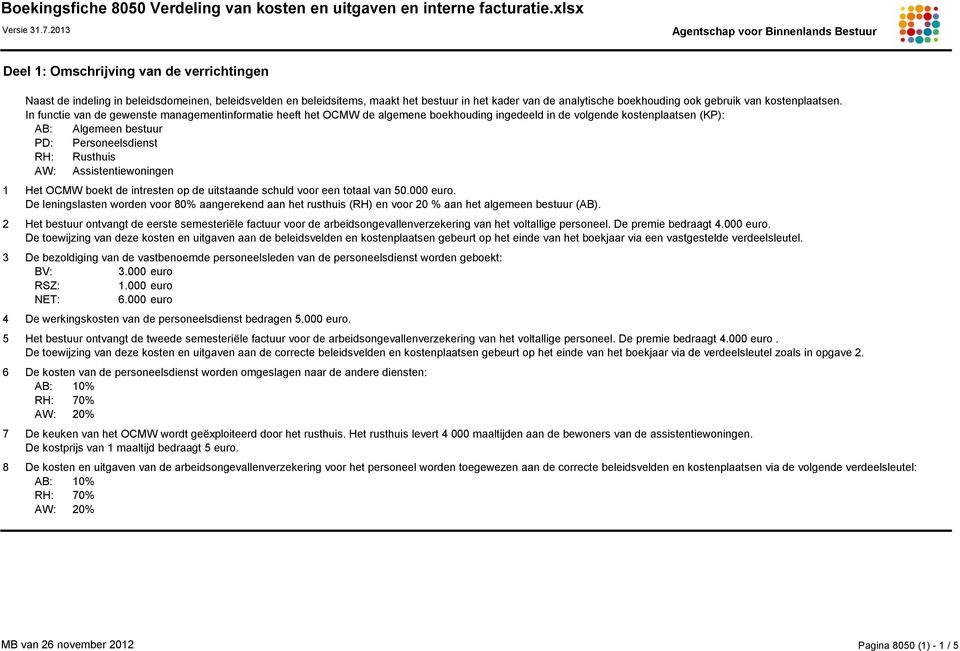 In functie van de gewenste managementinformatie heeft het OCMW de algemene boekhouding ingedeeld in de volgende kostenplaatsen (KP): AB: Algemeen bestuur PD: Personeelsdienst RH: Rusthuis AW: