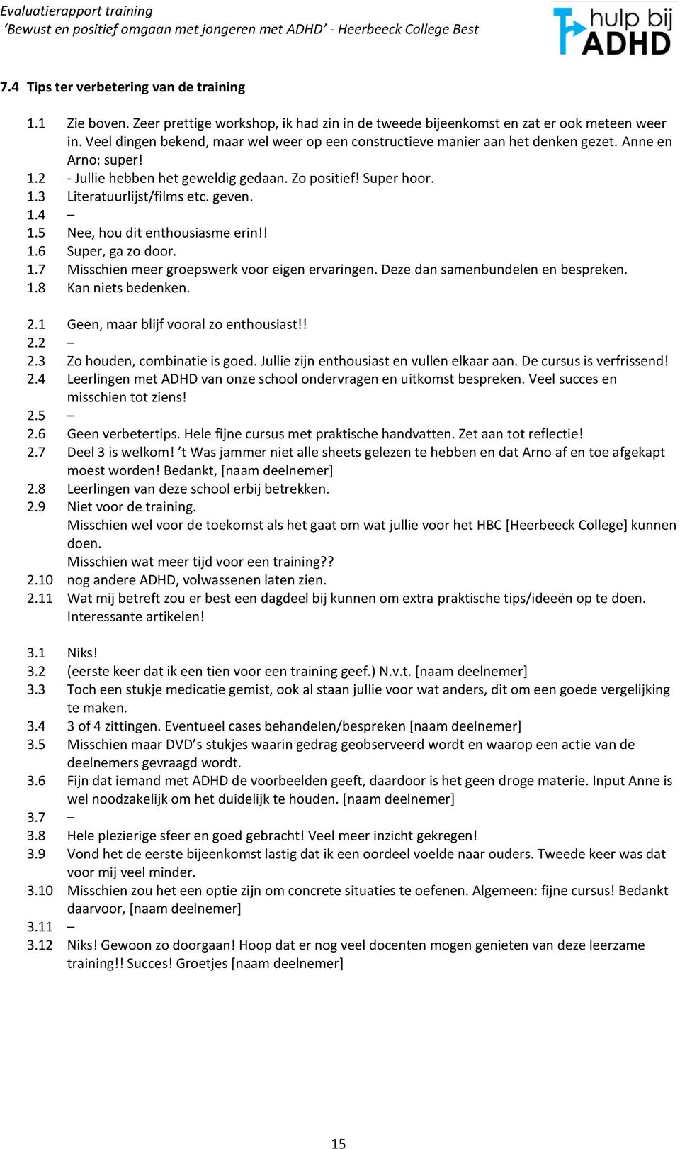 geven. 1.4 1.5 Nee, hou dit enthousiasme erin!! 1.6 Super, ga zo door. 1.7 Misschien meer groepswerk voor eigen ervaringen. Deze dan samenbundelen en bespreken. 1.8 Kan niets bedenken. 2.