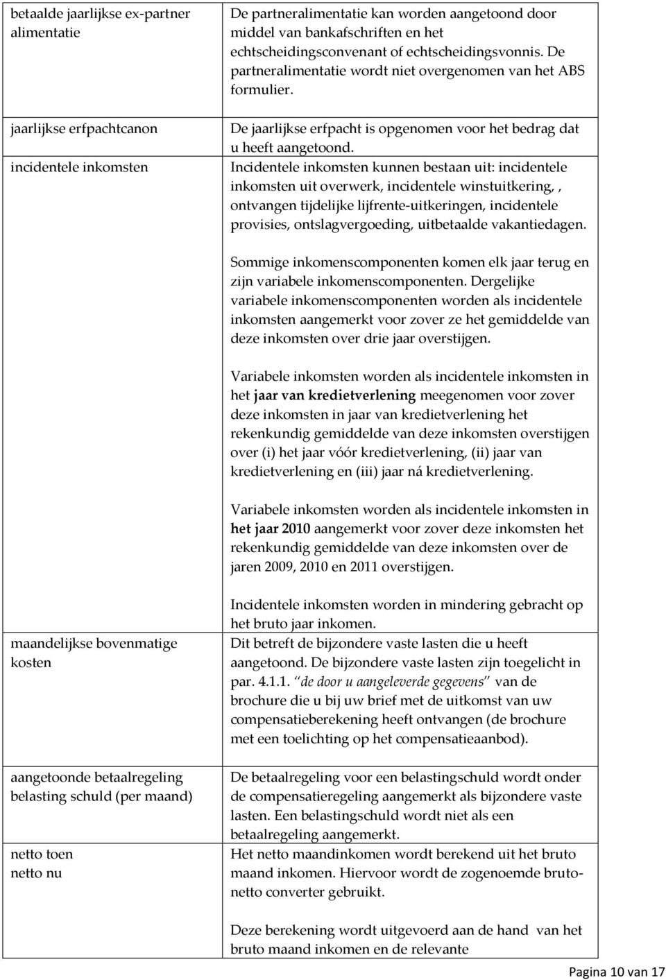 Incidentele inkomsten kunnen bestaan uit: incidentele inkomsten uit overwerk, incidentele winstuitkering,, ontvangen tijdelijke lijfrente-uitkeringen, incidentele provisies, ontslagvergoeding,